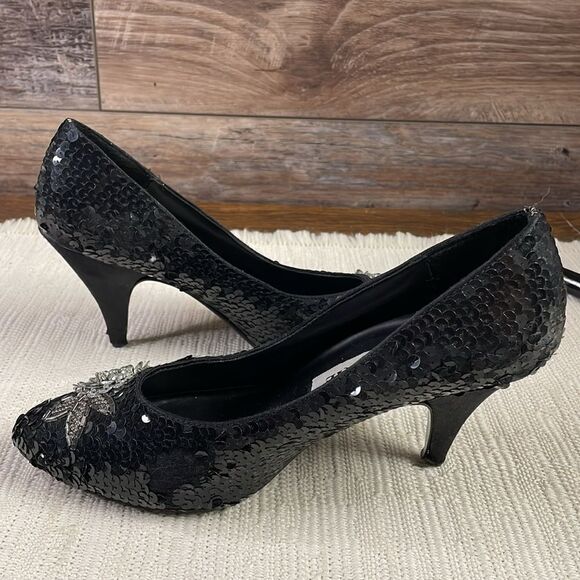 Jacqie Vintage Black Sequined High Heels, Black and Silver, Size 7 - Picture 2 of 9